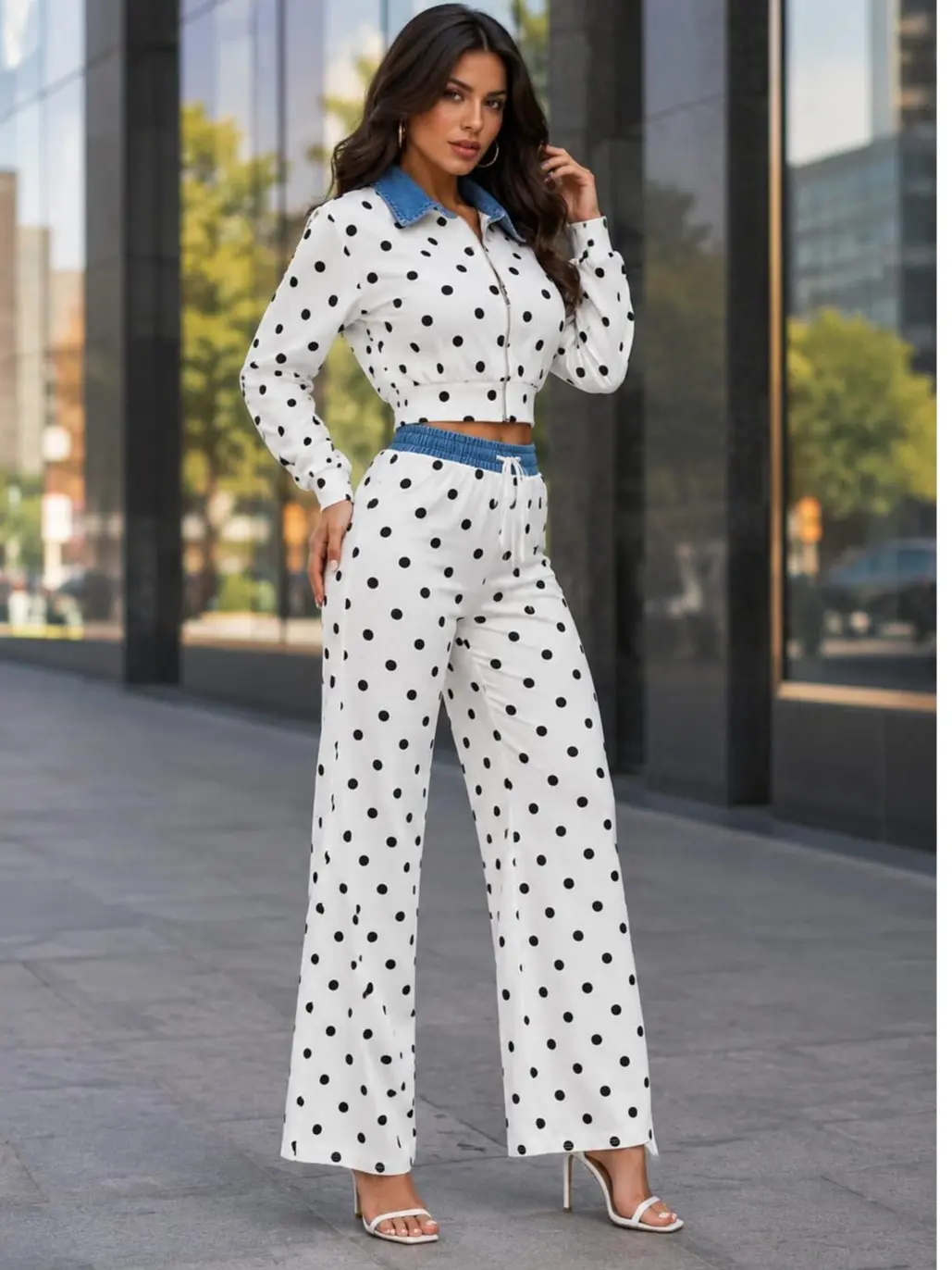 Polka Dot Crop Top & Wide Leg Pants Set - Trendy Fashion Ensemble for Women - Perfect for Casual & Stylish Outfits. Cotton