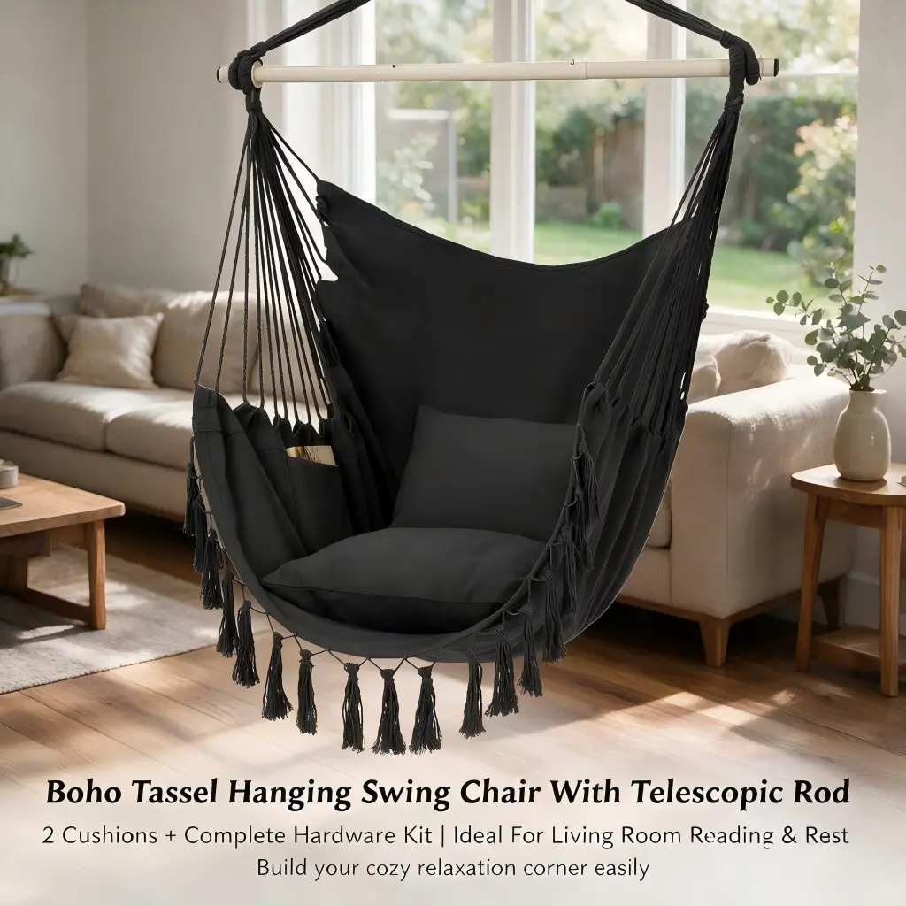Large Macrame Hammock Swing Chair - Outdoor Hanging Chair with Telescoping Metal Poles, Hanging Chains, 2 Cushions, Hardware Kit, Pocket | Patio Hammock, Outdoor Stuff for Adults, Swinging Chair Outdoor