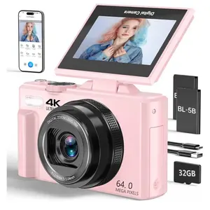 4K Digital Camera for Photography 64MP Vlogging Camera for YouTube with 3" 180° Flip Screen 18X Digital Zoom Point and Shoot Camara with 32GB Micro SD Card for Beginner