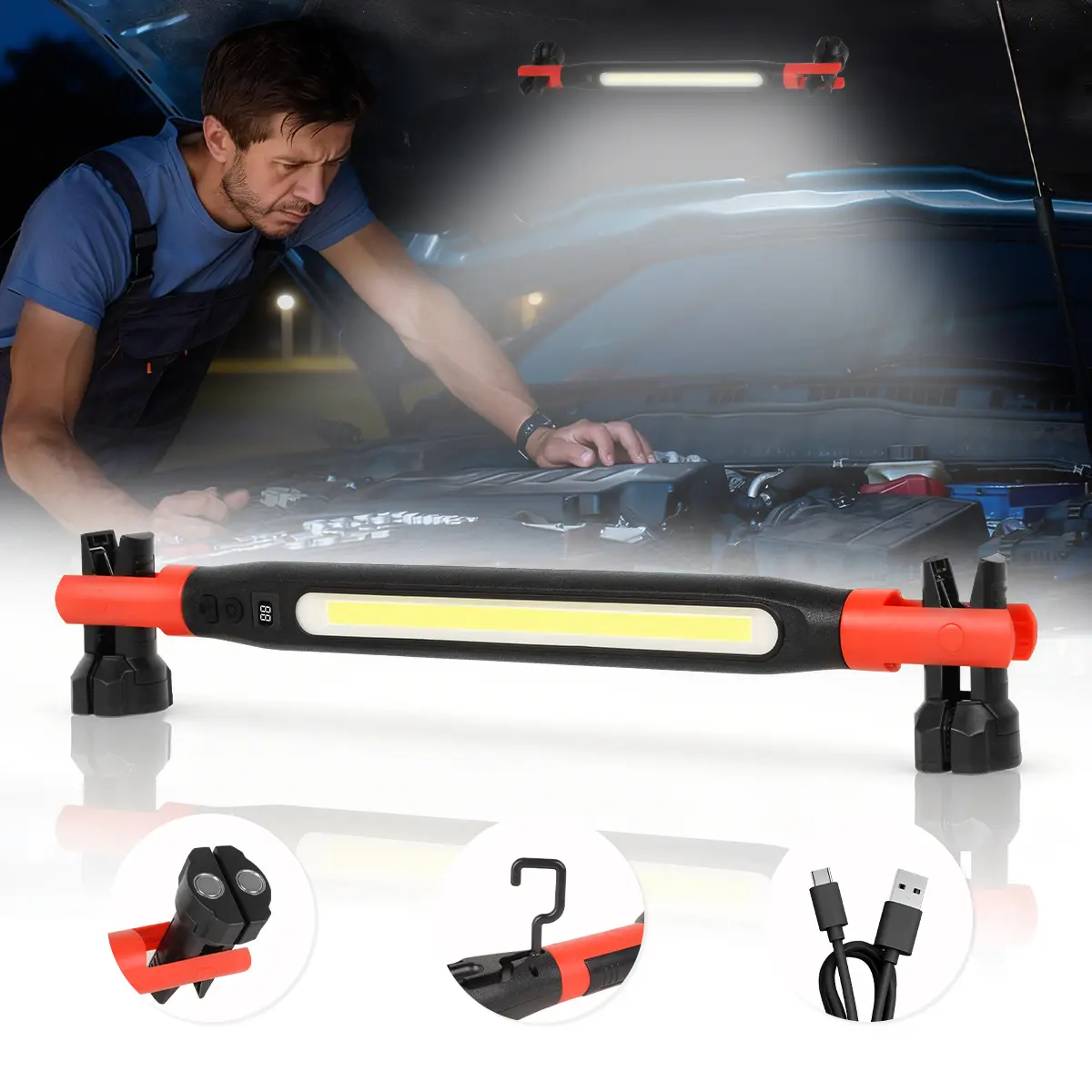 NovaRHome Father’s Day Gift - Mechanic’s LED Light Bar, Magnetic Base Sticks to Metal Hoods, 2000mAh Battery (3-5 Hrs Runtime), Red & White Dual Color Temp, Hook-Included Tools for Mechanics, Single Pack for Car Repair