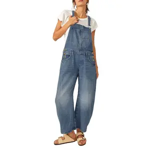 Renaishow Womens Denim Bib Overalls Barrel Leg Adjustable Strap Jean Pants Jumpsuits with Pockets
