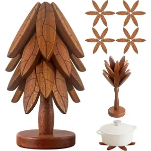 Tree Coasters, Wooden Trivets for Hot Dishes/Pot/Bowl/Teapot/Pans, Tree Shape Trivet Set - 4 Wooden Trivets + 1 Stand Stored, Kitchen Decor Gifts for Him/Her (Leaf Pattern - 4Pcs)