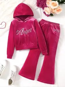 Girls' Spring & Fall Hooded Thin Long Sleeve Sweatshirt Set, Fine Girls Outfit, Letter Rhinestone Print Top with Matching Flared Pants, Velvet Fabric