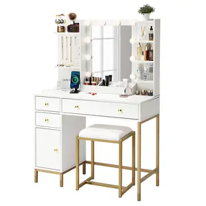 Gaomon Multi-Function Color-Adjustable Drawer-Equipped Makeup Vanity Desk Set - LED Lights with 3 Lighting Modes, Mirror, Vanity Chair, Charging Station, Storage Shelves for Bedroom, Dressing Room, Makeup Vanity Chair
