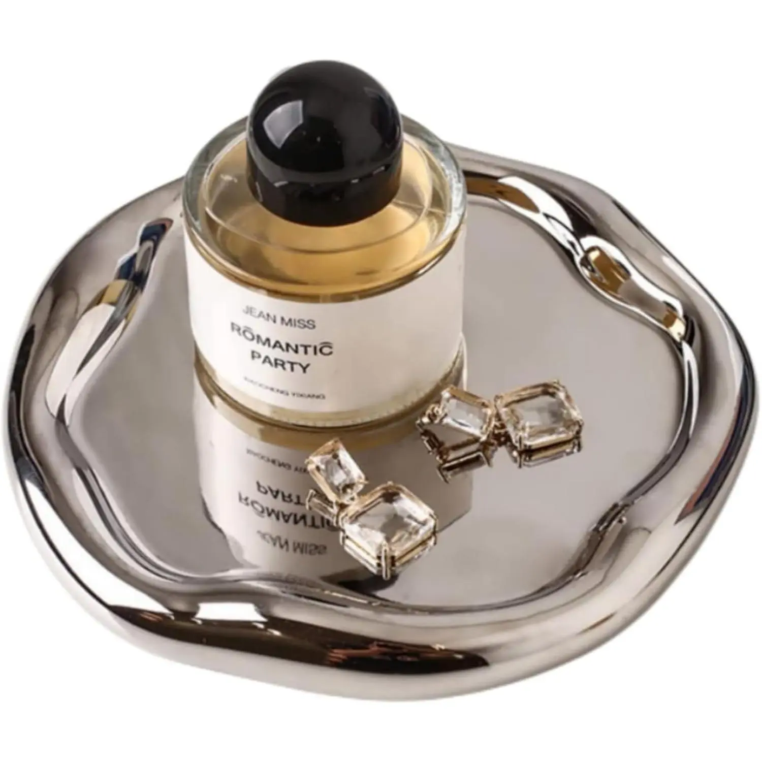 Silver Ceramic Vanity Tray - Decorative Round Uncorded Home Supplies Organizer, All Seasons Room Decor Party Gift for Bathroom Jewelry, Makeup