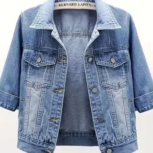 Women's3/4sleevecolorcutdenimtruckjacket|Lightwashdenimshortjacketwithworn-outdetails|Autumn/Winterstretch12ouncedenim|Women's3/4sleevelightwashdenimjacket