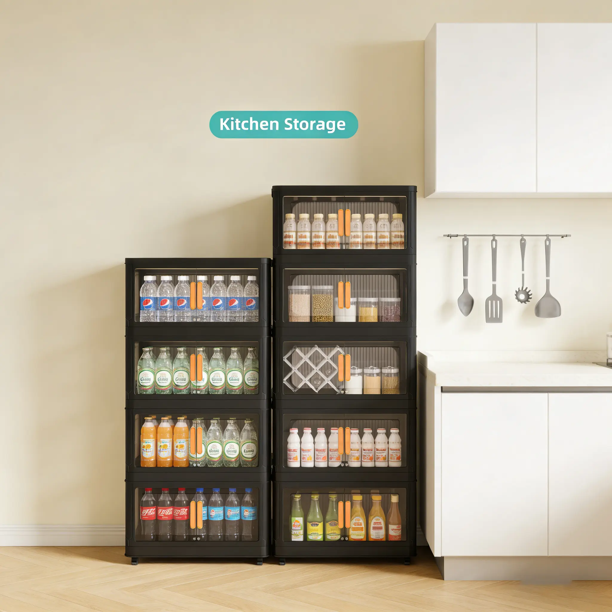 Foldable Plastic Home Storage Cabinet - Thick PP 4-Tier Stackable Organizer with Wheels, Easy Assembly Required, Space-Saving Organizer Storage Boxes, Closet & Kitchen Pantry Organization (Ideas Included)