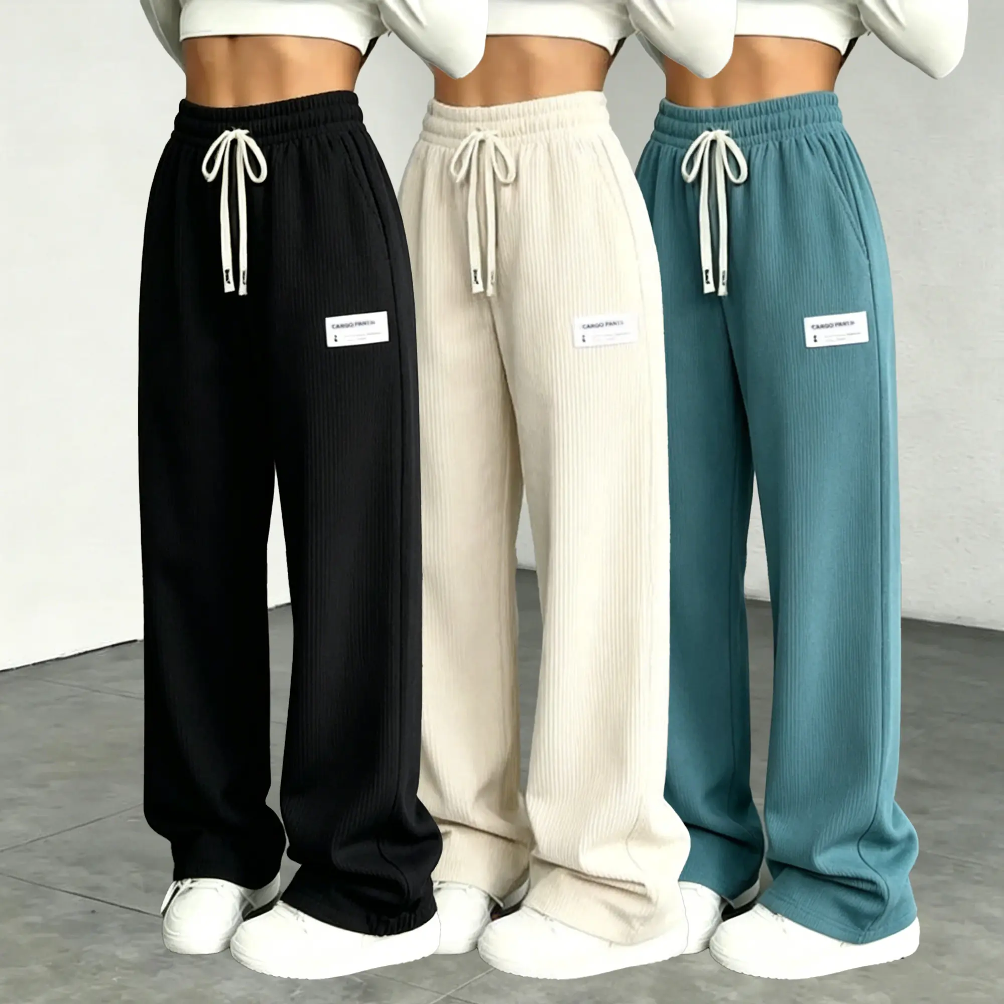 Women’s ribbed drawstring wide-leg sweatpants — drapey, high-waisted casual straight athletic pants
