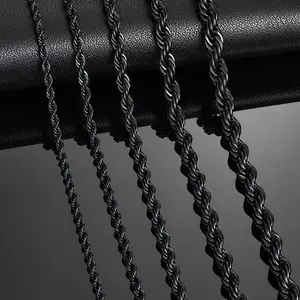 2.3mm/3mm/4mm/5mm/6mm Black Color Stainless Steel Twisted Rope Chains Classic Men Boy Necklace 16 to 30 Inches