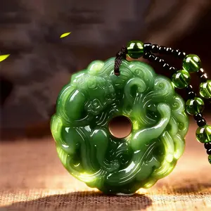 Natural Green Jade Pixiu Donut Pendant Necklace For Men Women, Hand Carved Lucky Pi Yao Amulet Necklace, Adjustable Green Glass Beaded Chain, Healing Crystal Gemstone Jewelry For Good Luck, Wealth, Protection, Valentine's Day Birthday Gift