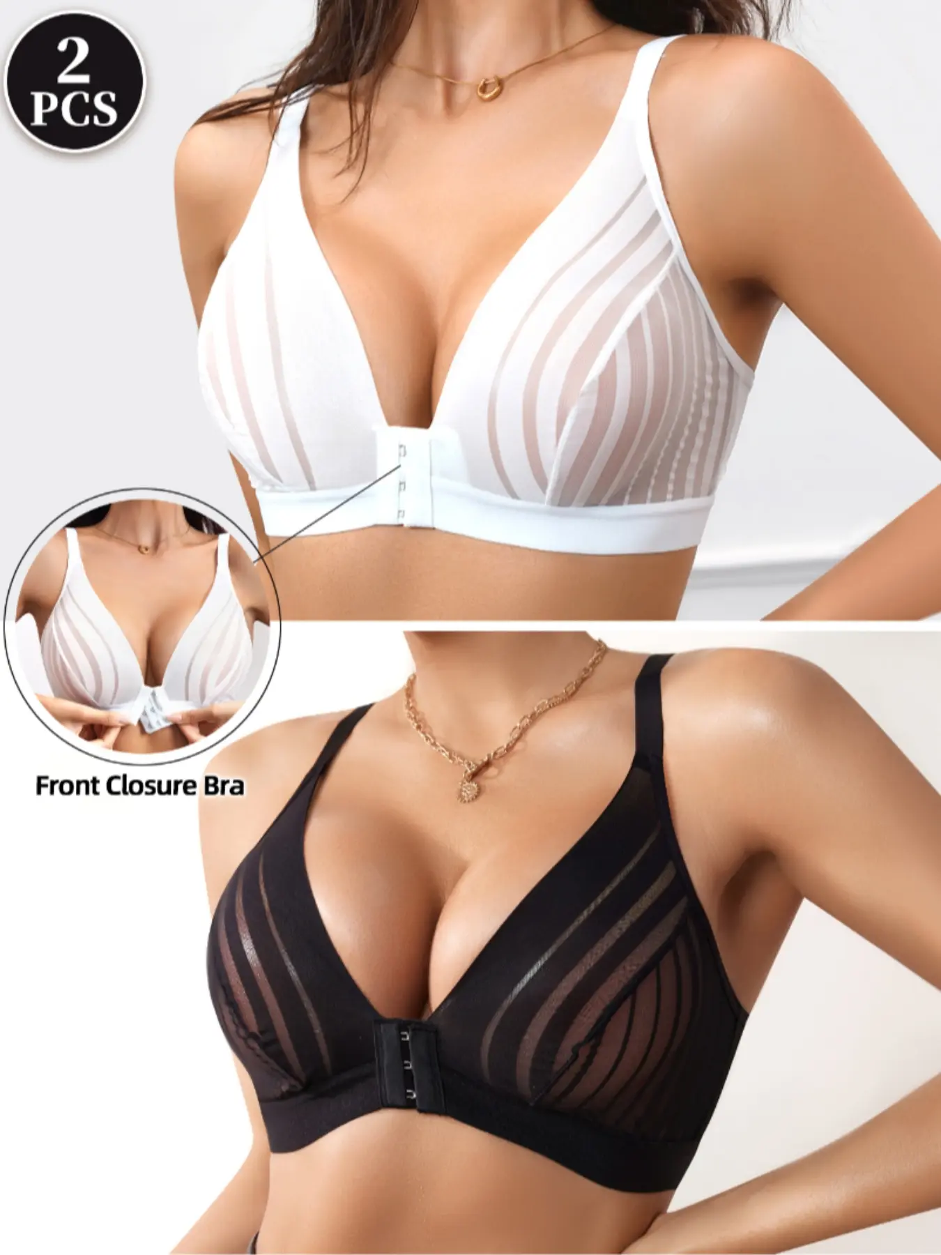 Elegant Sexy Bra Set, Front Buckle Mesh Cup Breathable Wireless Bras, Medium Support Unlined Fitted Underwear, All Seasons Comfortable Lingerie
