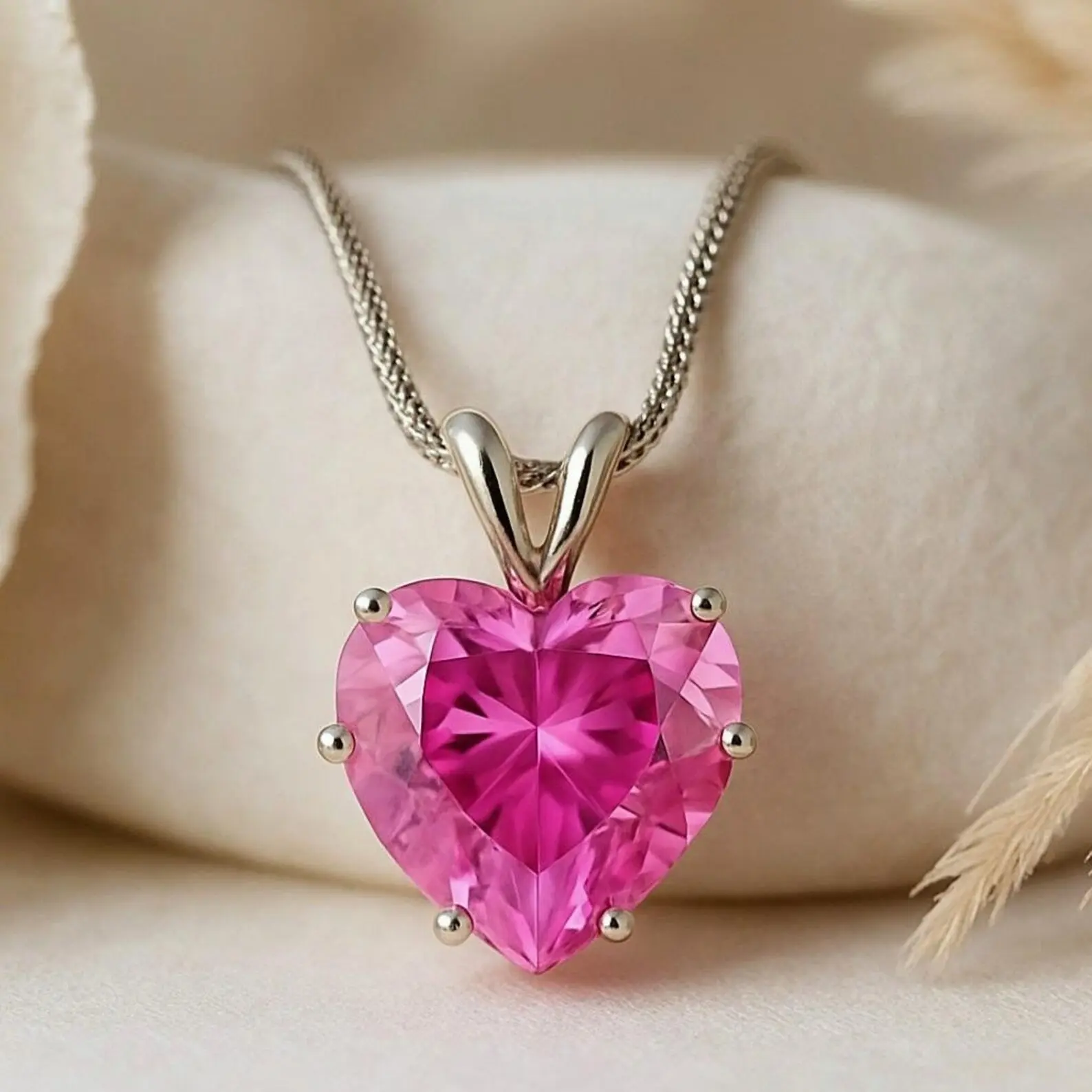 Heart Pink Sapphire Pendant: Sterling Silver Snake Chain, September Birthstone