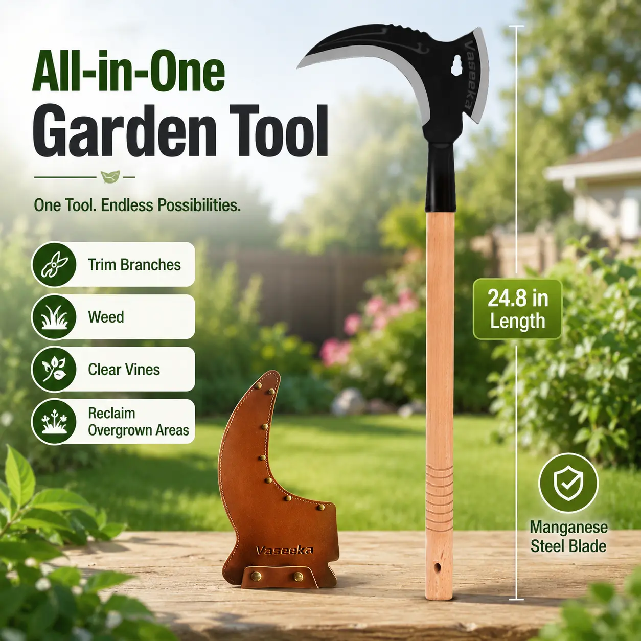 2026 Vaseeka Manganese Steel Double-Edged Multifunctional Rake, 24.8-in Wooden Handle Durable Gardening Tool with Premium Protective Sleeve, Landscaping Tool for Garden, Farm Use, Landscaping Tools, Durable Gardening Tools