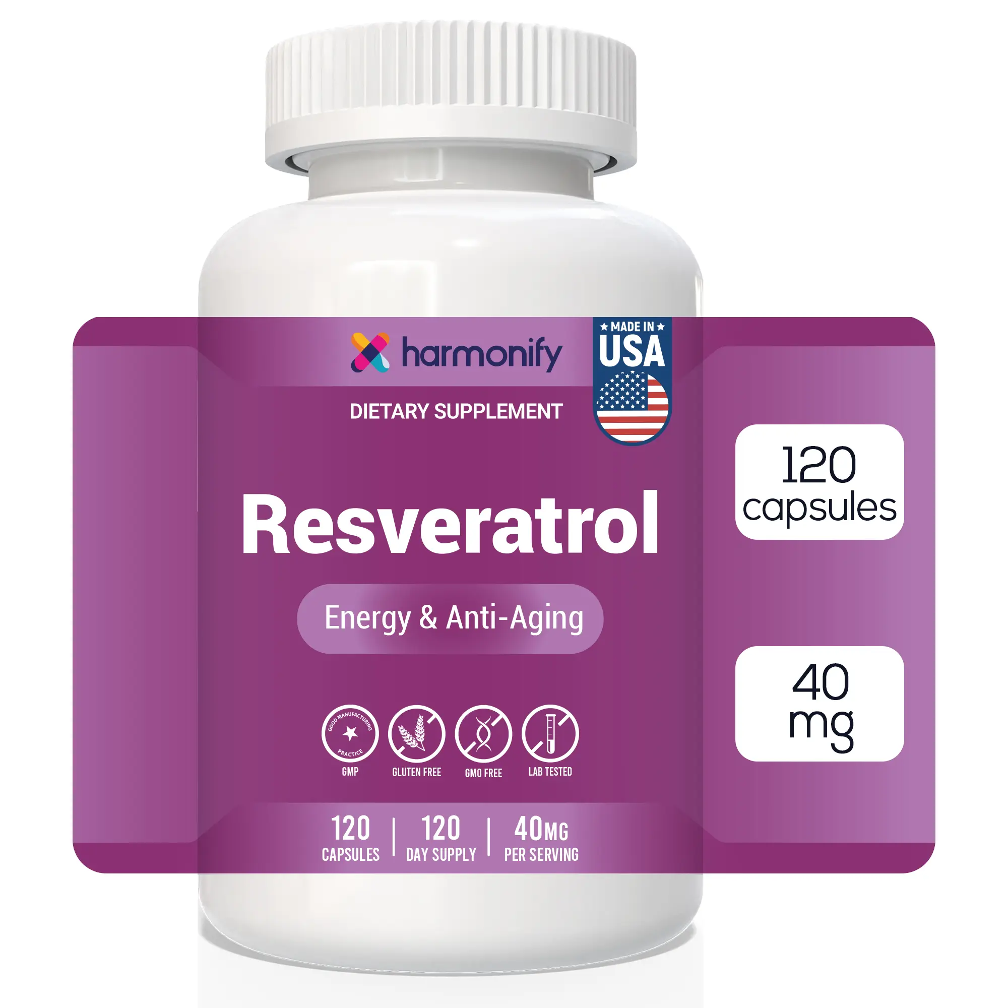 HARMONIFY Resveratrol Supplement 1800mg Capsules - Gluten Free, Vegan, 120 Capsules for Immune Support, 24 Months, Made in USA - Healthcare, Edible