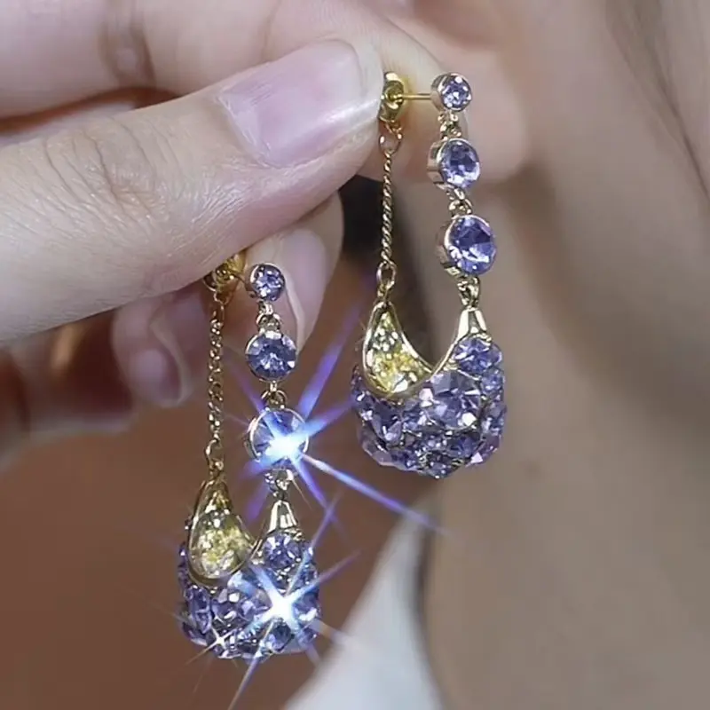 Women's 1-Pair Fashionable Vintage Purple Rhinestone Basket Long Drop Earrings Dangling - 2cm Alloy Frame, Bling Effect, Lightweight Costume Jewelry Gift for Birthday, Party
