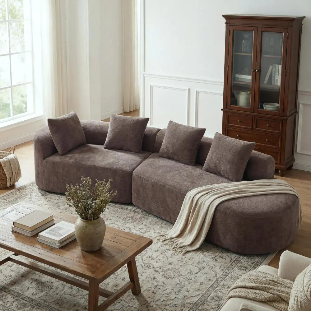116-in Modern Curved Corner Sectional Sofa Chaise Lounge 2-Piece Set (Indoor Furniture) - High-Density Fully Compressed Foam Filling, Fully Assembled, Right-Side Armrest, Living Room Use, Modern Sectional Sofa