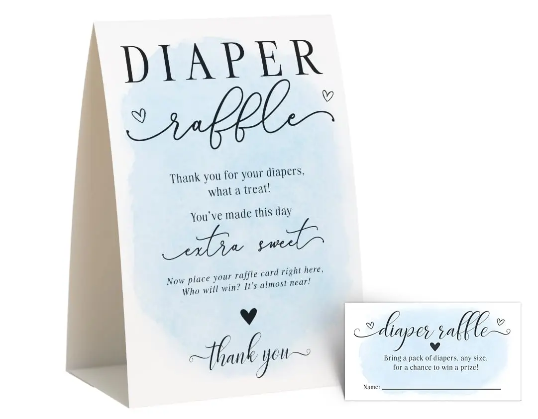 Your Main Event Prints Durable Cardstock Watercolor Blue Diaper Raffle Game Sign & Cards Set - 50 Cards, 5x7in Self-Standing Sign, High-Quality Printing, Encourages Diaper Donations, Boy Baby Shower Decor, 5X7 In, Complete Raffle Kit, Designed & Printed B