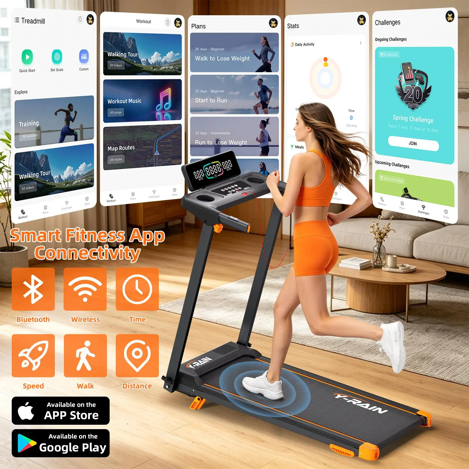 5-in-1 Folding Treadmill & Walking Pad Join the App community for DIY goals & virtual routes! Built with a 330 lbs capacity, incline & cushioned belt. The HD display tracks your heart rate & calories at high speeds. Foldable & perfect for your home office