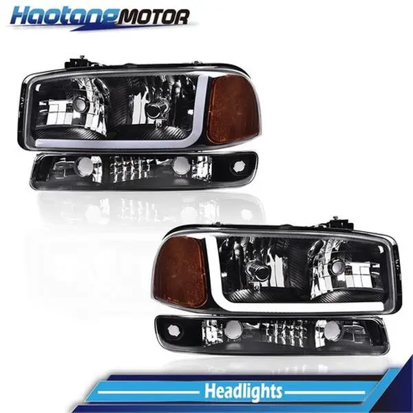 CROSSDESIGN Black LED DRL Headlamp Kit - 4PCS LED DRL Headlamps, Car Headlights, Vehicle Specific Fit for 1999-2007 GMC Sierra, 2000-2006 GMC Yukon XL 2500, Car Exterior Upgrade Replacement Assemblies, Led Front Lights