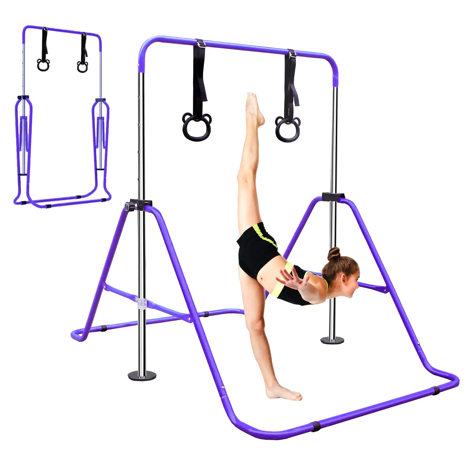 Home Foldable Kids Gymnastics Horizontal Bar with 110LBS,   Easy Storage,35"to 51" Height Adjustment Stable Anti-Wobble Triangular Steel Frame, Anti-Slip Floor Pads,Adjustable Gym Rings,Portable Home Gym Equipment, Perfect for Girls Boys Toddlers