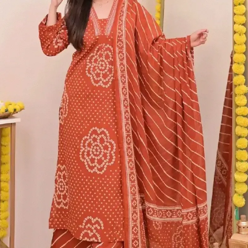 Women's Bandhani Print Kurta Set | Cotton Ethnic Outfit with Dupatta