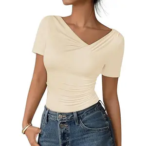 ZESICA Women's Short Sleeve Asymmetrical Neck T Shirts 2026 Summer Trendy Ruched Fitted Y2K Going Out Tops Spring Outfits