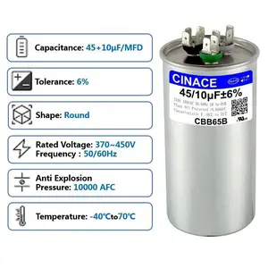 CINACE 45/10uF 45/10MFD CBB65 Dual Run Circular and Start Capacitor For Air Conditioner, AC Motor Run, Fan Start, Condenser Straight Cool, Heat Pump, Condenser Unit, HVAC, Ice Maker 370/450VAC 50/60Hz