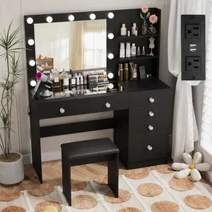 VOWNER 47" Makeup Vanity Desk with Power Outlet, Storage Shelves and 6 Drawers, Makeup Desk with Stool for Women Girls
