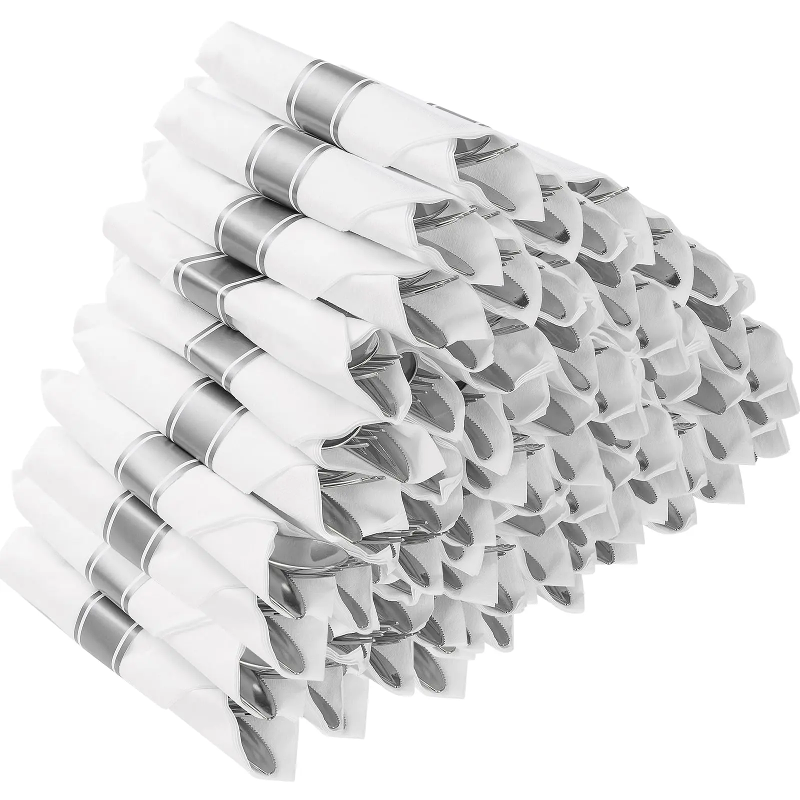 50 Pack Pre Rolled Silver Plastic Silverware, Wrapped Plastic Cutlery Set with Napkin Include 50 Forks, 50 Knives, 50 Spoons and 50 Napkins, Fancy Disposable Silverware for Party, Wedding