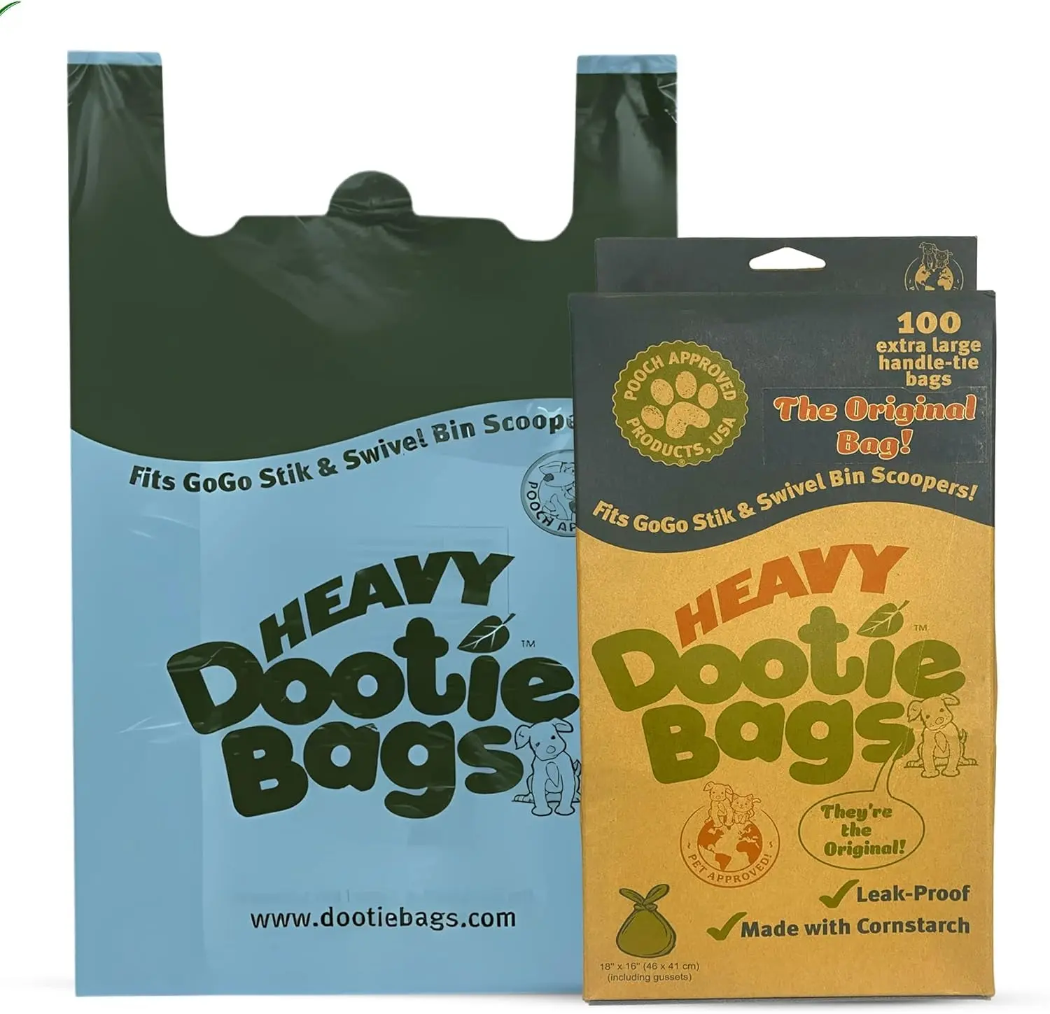 Cornstarch Pet Poop Bags with Easy-Tie Handles, 100 Count, 18"x11"x5", 2.8-Gallon Heavy-Duty Quick Dispensing Leakproof Bags for Dog Waste, Versatile Use with Swivel Bins & Scoopers