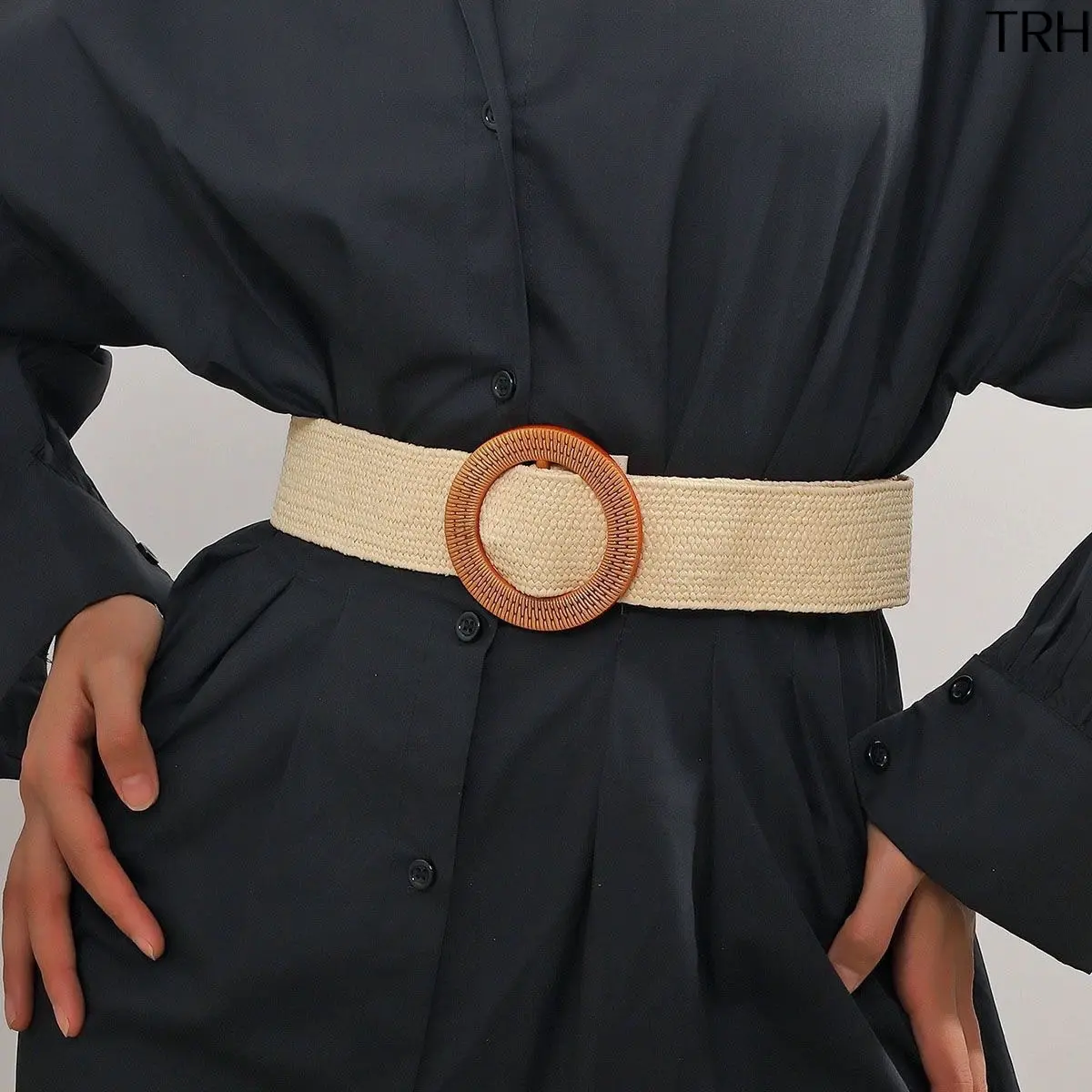Women's Fashionable Versatile Boho Wide Waist Belt - Round Wooden Ring Buckle, Elastic Woven Stretch Raffia Band, Elastic Band, Casual Summer Dress Beach Accessory