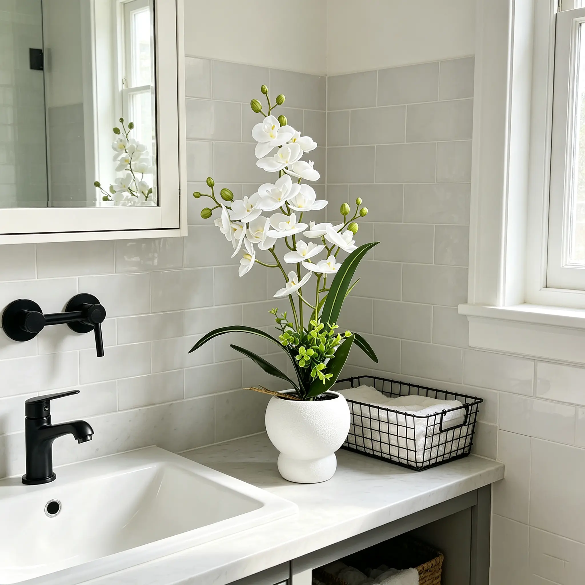 Imitation orchid plant in white plastic flowerpot-fake Phalaenopsis with real touch, suitable for decoration in home office, living room and bathroom, without maintenance.