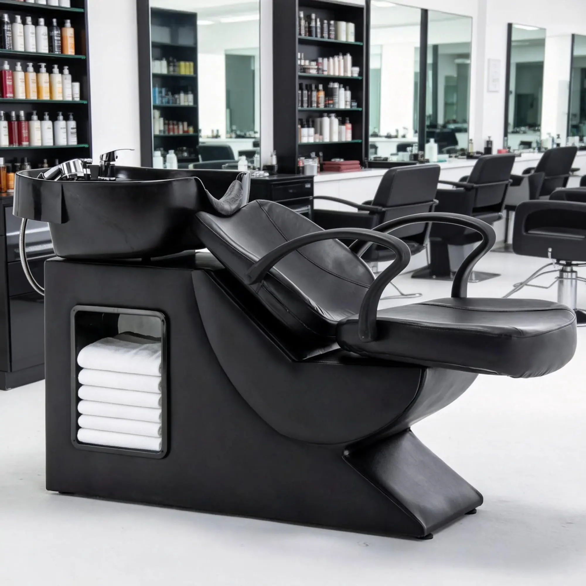 Shampoo Bowl and Chair Set for Salon, Hair Washing Station with ABS Sink & PU Leather Chair, Ergonomic Chair with Neck Rest, Side Storage, Hot/Cold Faucet & Sprayer for Spa Barbershop Beauty, Black