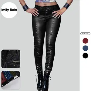Imily Bela Women's Gothic Punk Faux Leather Pants Lace Up Skinny PU Leather Leggings Rock Club Moto Legging Trousers M7J200