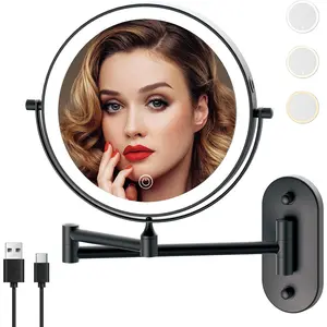 Rechargeable Wall Mounted Lighted Makeup Vanity Mirror 8 Inch Double Sided 1X 10X Magnifying Bathroom Mirror, 3 Color Lighting, Touch Screen Dimming, 360 Rotation Shaving Mirror