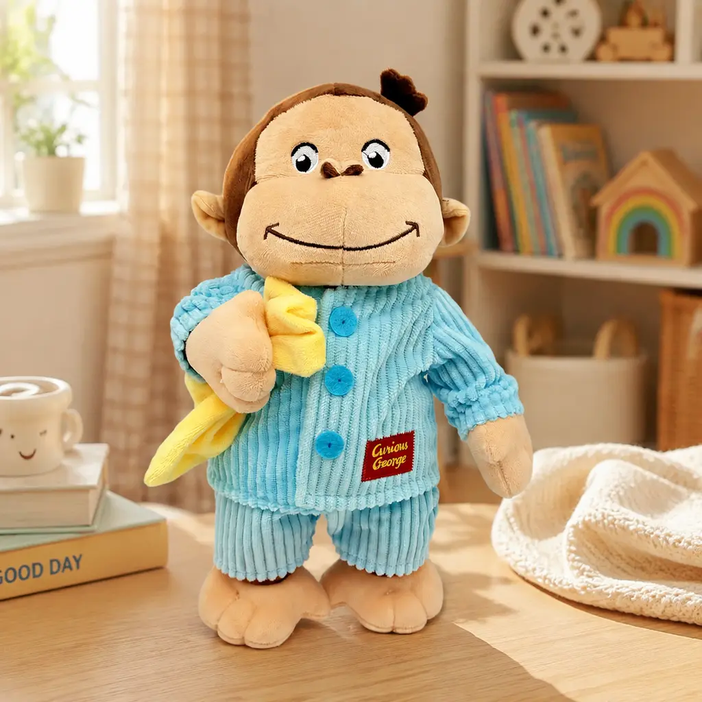 9.84inch Curious George Plush Monkey Doll, Soft Stuffed Animal in Blue Pajamas with Yellow Blanket, Cute Cartoon Character Plushie, Cuddle Toy Gift for Kids Toddlers sohochic