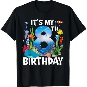 Kids 8 Year Old Ocean Life Whale Dolphin Shark 8th Birthday T-Shirt