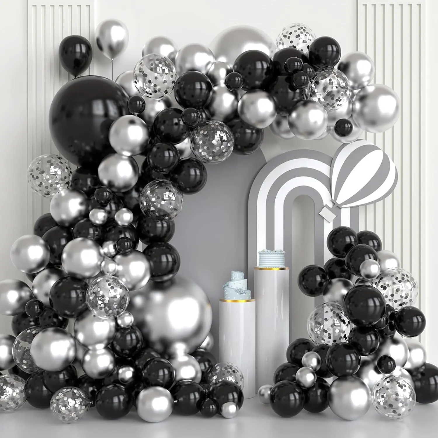 Black and Silver Balloon Garland Arch Kit, 102pcs Black Silver Confetti Latex Balloons for Birthday Bridal Shower Wedding Engagement Anniversary Graduation Theme Decorations