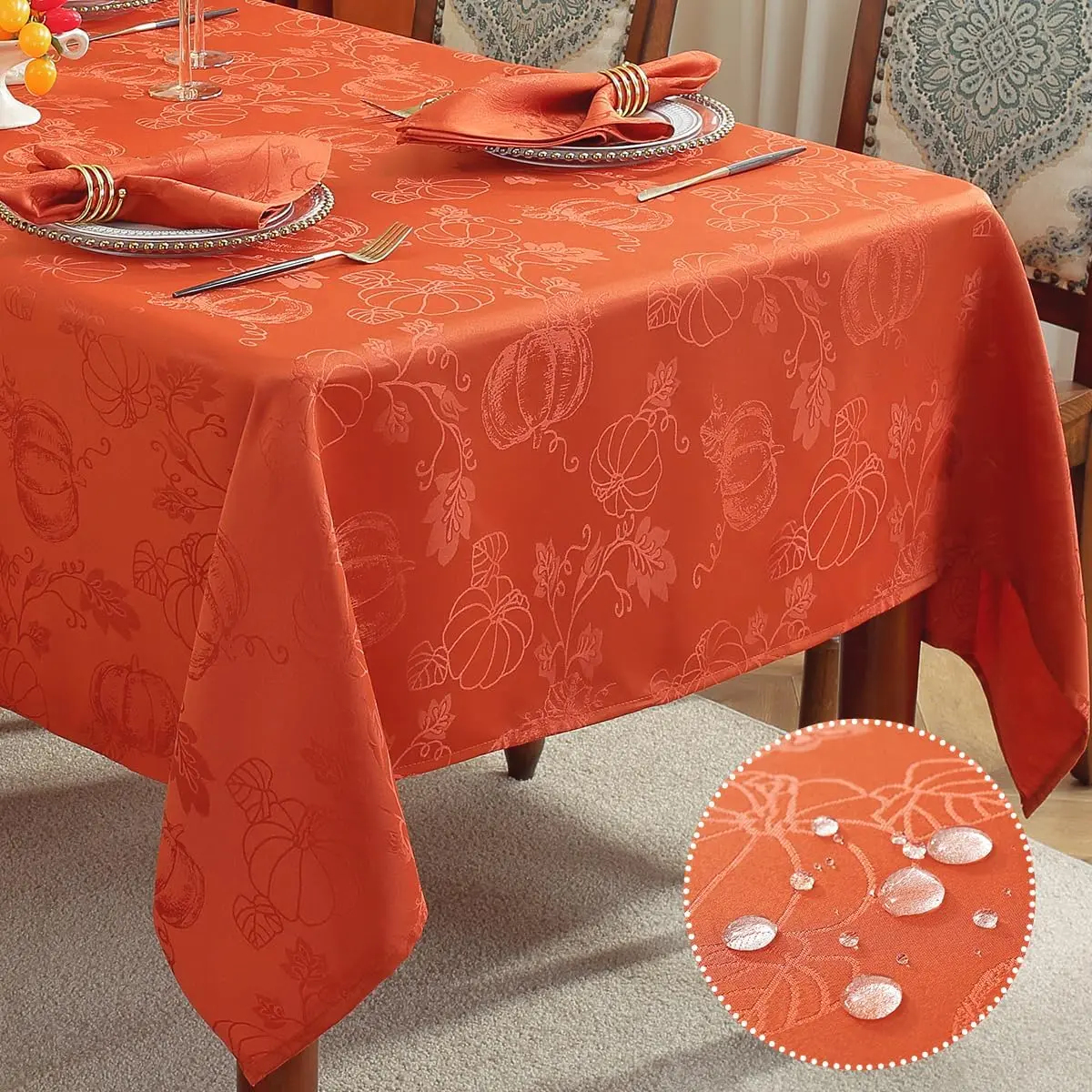 SASTYBALE Fall Tablecloths for Rectangle Tables, Jacquard Thanksgiving Table Cloth with Pumpkins and Vines, Stain Resistant Table Cover for Harvest, Dining, Party Decor (Rectangle, 60" x 84", Rust) Ornaments Decoration
