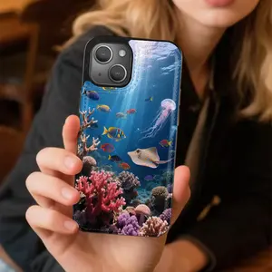 Underwater World Coral Fish Jellyfish Pattern Leather Card Holder Phone Case, Suitable for iPhone 17 Air/16 Plus/15 Pro Max/14 Pro/13/12/11/XS Max/X Phone Case, Perfect Gift for Family, Friends, Lovers, Boyfriend, Girlfriend on Thanksgiving and Christmas