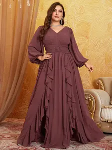 Elegant V-Neck Chiffon Lantern Sleeve Dress, Waist Pleated Patchwork Decorative Button Lace Hem Formal Evening Party Gown