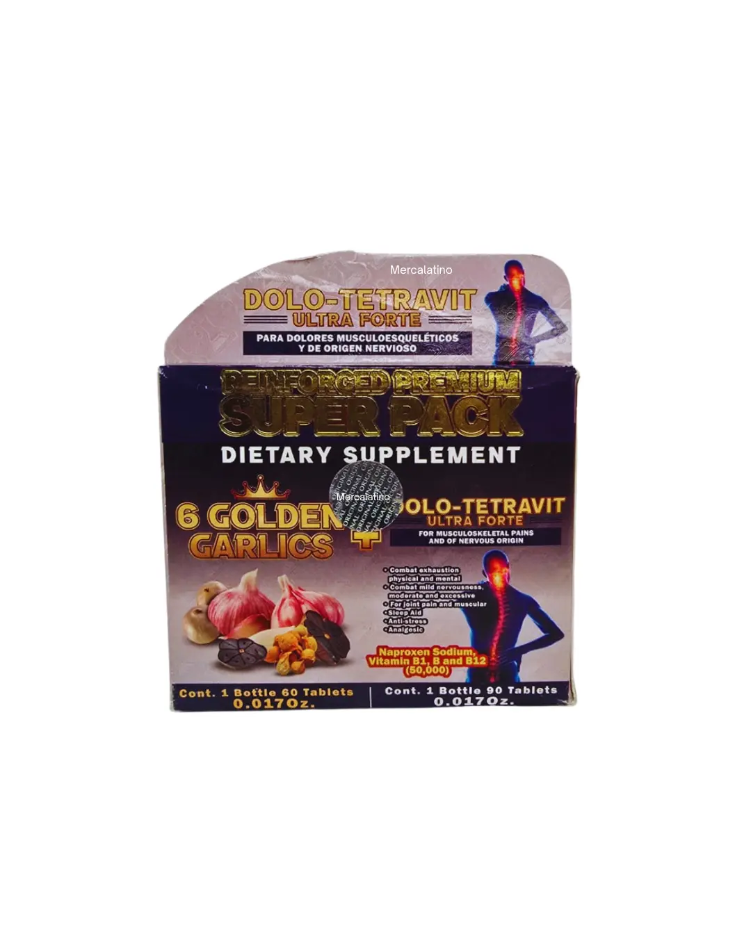 6 Ajos Dorados + Dolo-Tetravit Ultra Forte, Golden Garlic Dietary Supplement with Vitamin B Complex, Japanese, Black, Wild, King & Chinese Garlic Blend, 60 Tablets