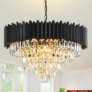 Modern Black Large 6-Tier K9 Crystal Chandelier, Dimmable Rustproof 28.4-Inch E12 Base Crystal Chandelier for Dining Room/Living Room/Bedroom/Corridor