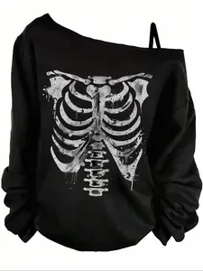Viral Edgy Y2K Gothic Aesthetic Oversized Black Skeleton Chest Print Soft Cotton One-shoulder Draped Long-sleeve T-shirt – Edgy Streetwear/Party/Concert Outfit, Comfortable Breathable Fabric, Bold Graphic Design, Trendy Draped Silhouette, Perfect for Gen
