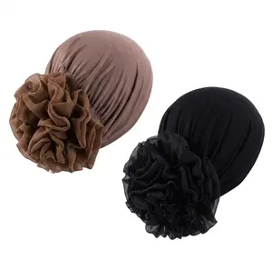 Women's 2PCS Stretch Knit Flower Turban Head Wrap Set - Chemo Headwear, Chiffon Flower Hijab (Brown & Black)