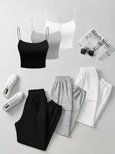 Women's Fashion Knit Cami Pants Set, 6-Piece Slim-Fitting Minimalist Casual Loungewear for Spring & Fall, All-Season Wearable Style, Womenswear