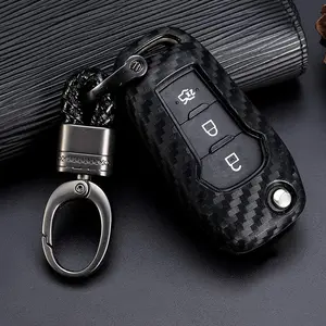 Silicone flip remote control car key cover bag holder for Ford F150 F250 F350 F450 F550 Ranger Mustang Mondeo carbon fiber key buckle