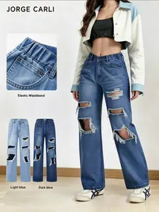 JORGE CARLI Women's Pocket Ripped Casual Jeans, Straight Leg, Elastic Waist, Loose-Fitting, Mid Waist, Perfect for Commuting