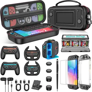 ESYWEN Switch 2 Accessories Bundle Kit 17-in-1, Switch 2 Carrying Case for Switch 2/Switch/Oled, Joypad Charger, Screen Protectors, Steering Wheel, Joypad Grip, & More for Nintendo Switch 2 Only