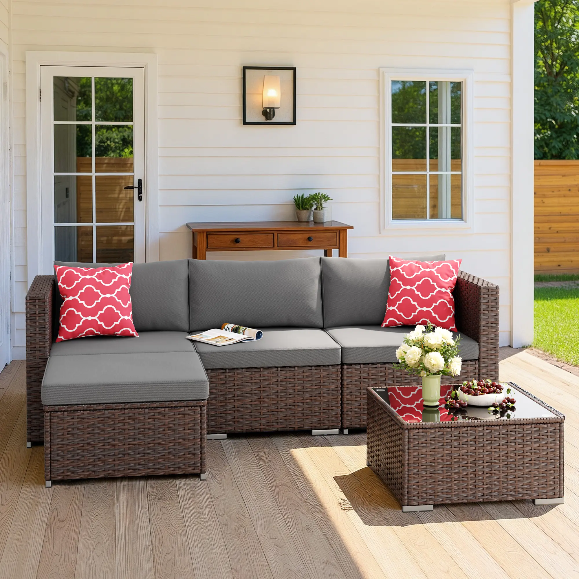 Gizoon 5 Pieces Patio Furniture Set All Weather Outdoor Wicker Sectional Patio Furniture with Cushion and Glass Table,home decor,camping essentials
